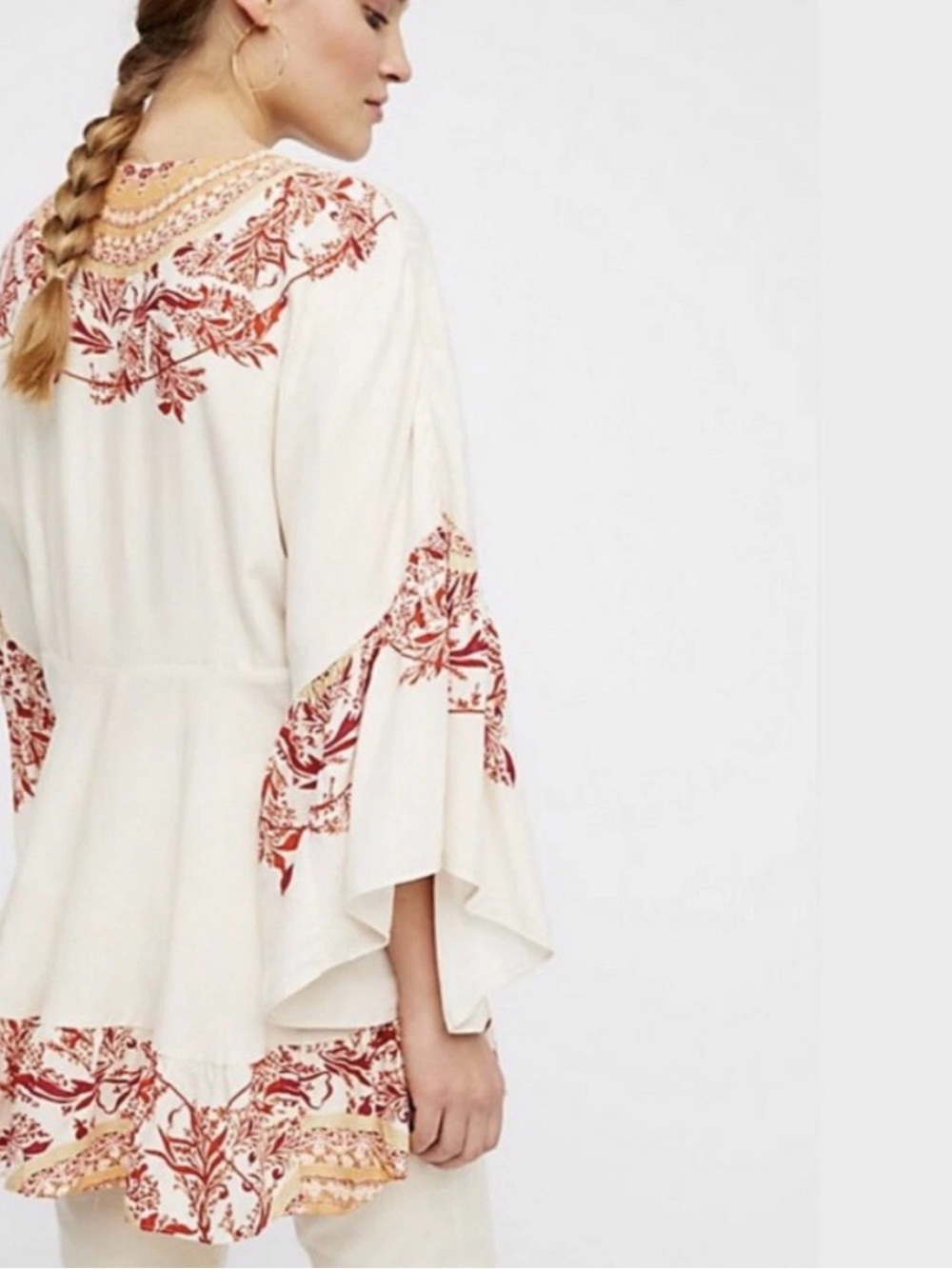 Free People Sunset Dreams Cream Tunic w/Rust Floral Print Flowy bell sleeves